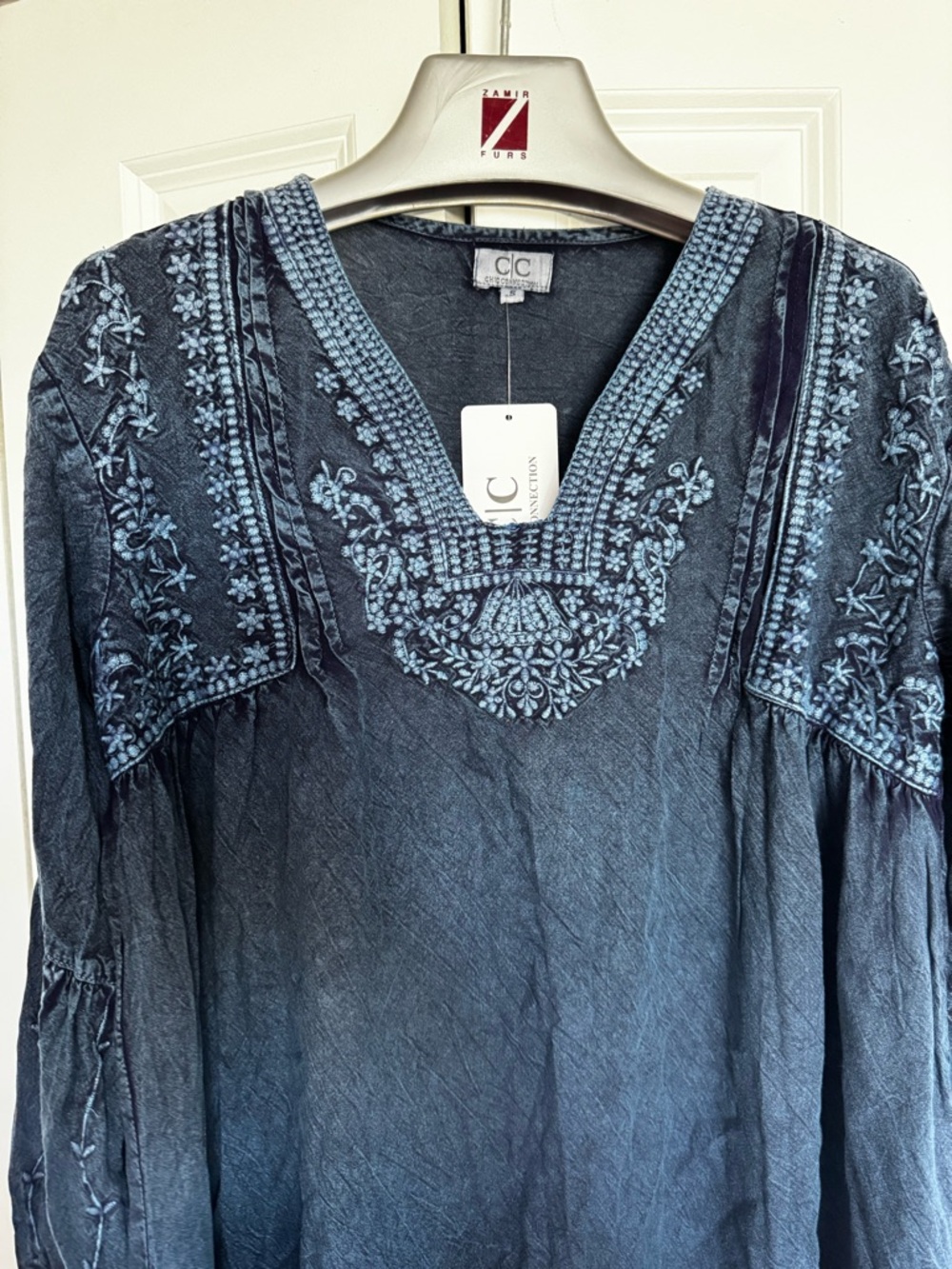 C C Collection Embroidered V-Neck Dress — Denim Blue